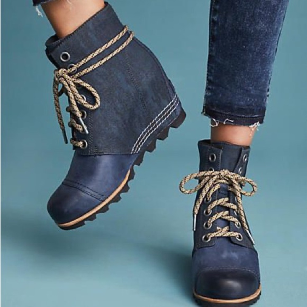Rare Sorel Brand PDX Lace Up Wedge Ankle Boots Navy Blue Marine  Size 9